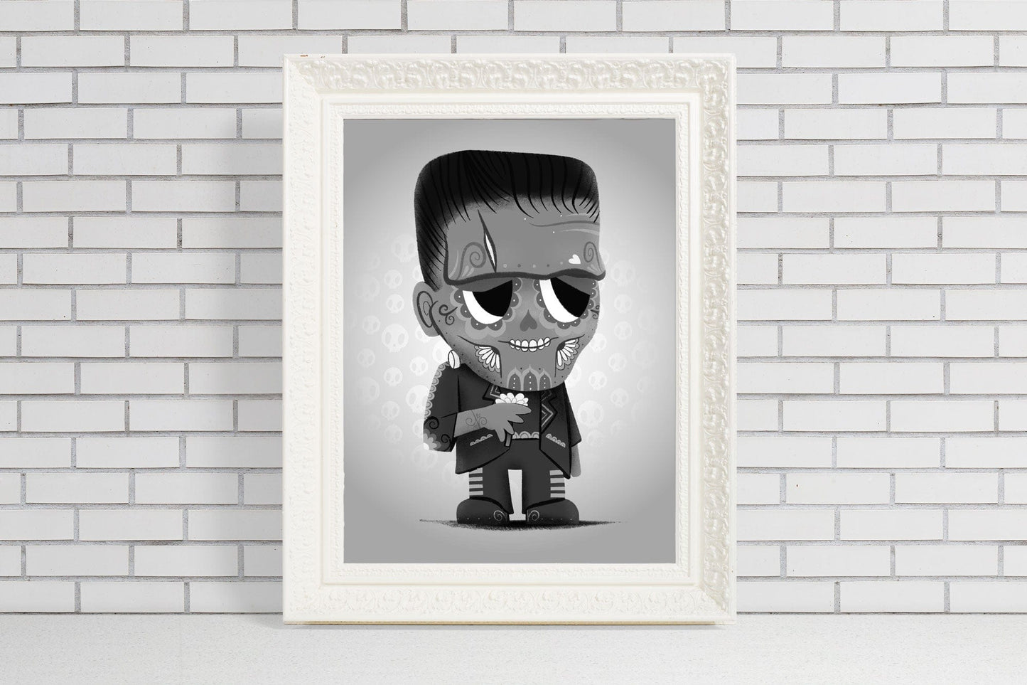 Frankenstein BW - Unique Gift for Classic Movie Lovers Sugar Skull Art Print