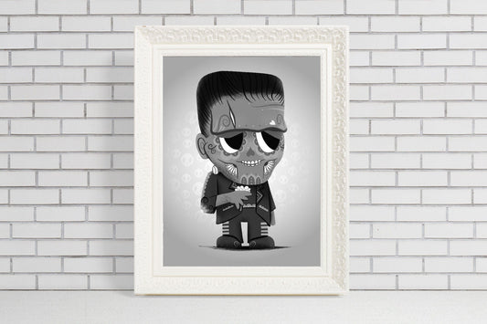 Frankenstein BW - Unique Gift for Classic Movie Lovers Sugar Skull Art Print