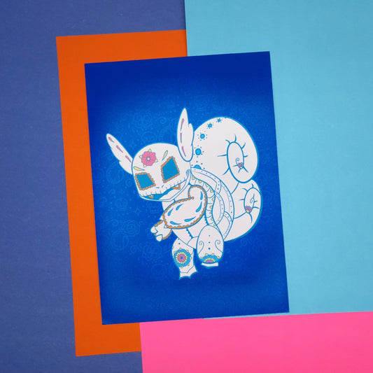 Unique wartortle Gift for Pokemon Fans sugar skull illustration art print on blue